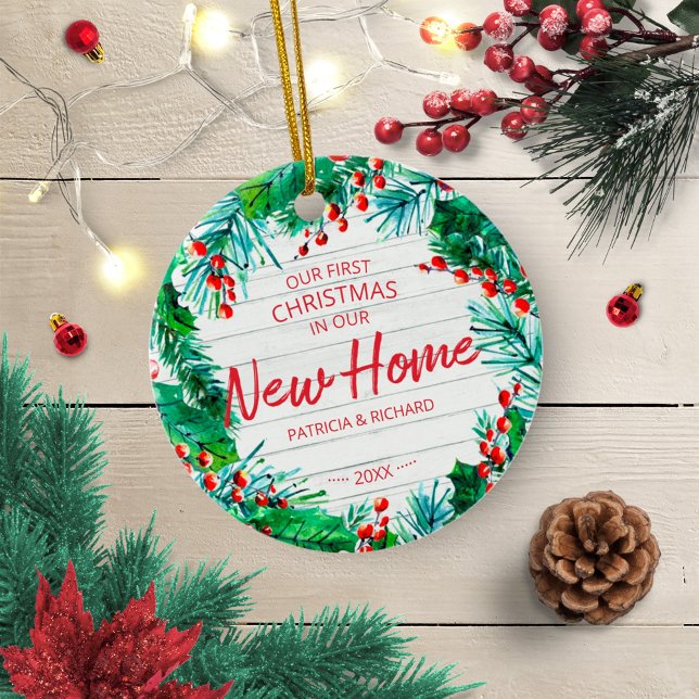 Our First Christmas In Our New Home Rustic Wreath Ceramic Ornament (Creator Uploaded)