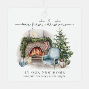 Our First Christmas In Our New Home Watercolor Ce Metal Ornament
