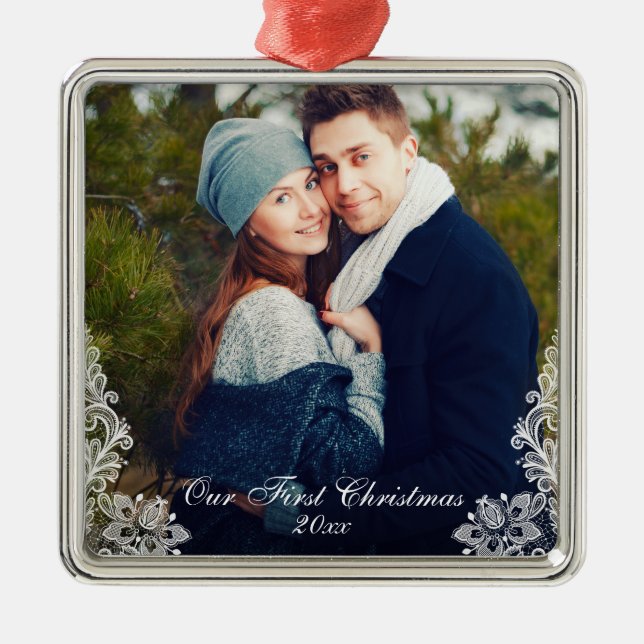 Our First Christmas Lace Trim Couple Photo Date Metal Ornament (Front)