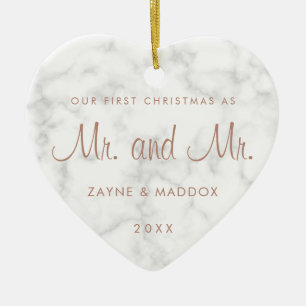 Our First Christmas Marble Rose Gold Gay Ceramic Ornament