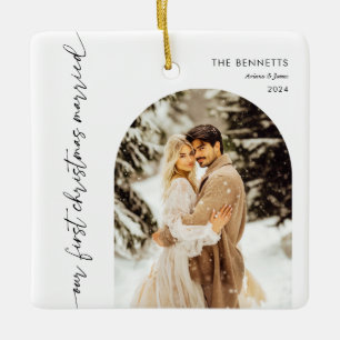Our First Christmas Maried Couple Photo Newlywed  Ceramic Ornament