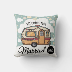 Our First Christmas Married 2025 Retro Camper Throw Pillow
