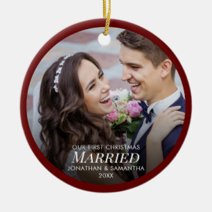 Our First Christmas Married 2 Photo Dark Red Ceramic Ornament