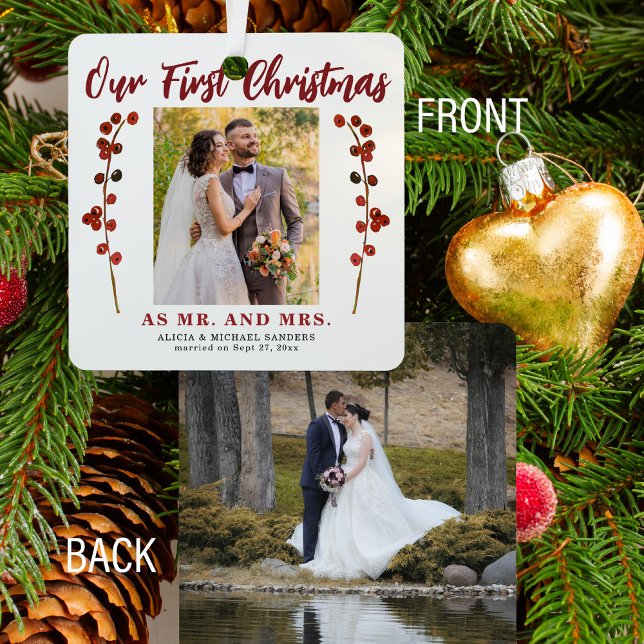 Our first Christmas married 2 photo modern Metal Ornament (Creator Uploaded)