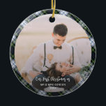 Our First Christmas Married 2 Photos Gordon Tartan Ceramic Ornament<br><div class="desc">Cherish the magic of your first Christmas together with our custom photo ornament, tailored just for you! Perfectly capturing your treasured memories, this elegant ornament becomes an heirloom, reminding you of that special year you began celebrating the holidays as a pair. With its timeless design and a touch of shimmering...</div>