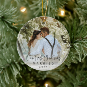 Our First Christmas Married Black Script Photo Ceramic Ornament