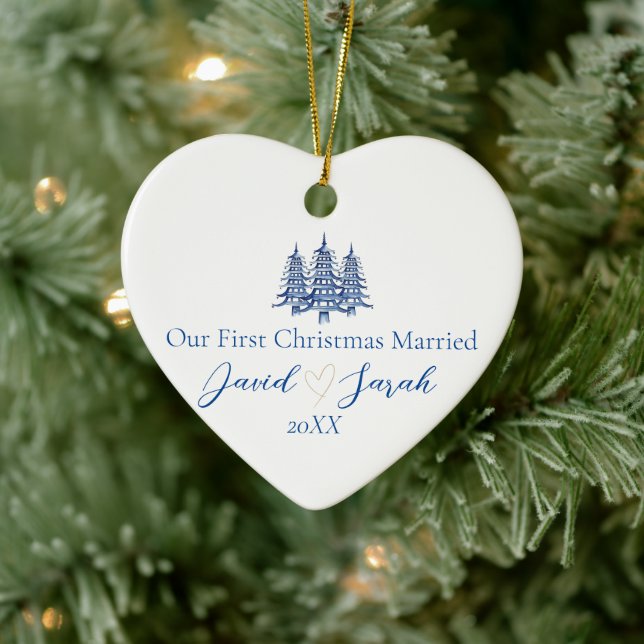 Our First Christmas Married Blue Pagoda Tree  Ceramic Ornament (Tree)