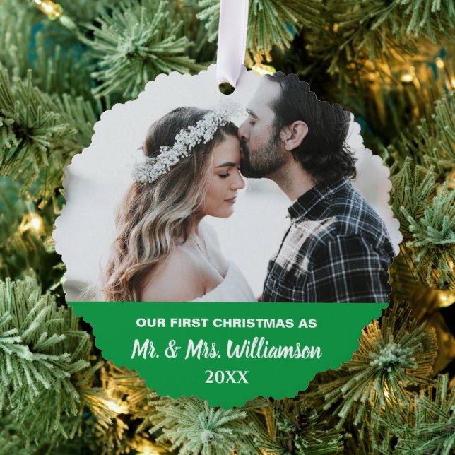 Our First Christmas Married Couple Custom Photo Ornament Card (Insitu (Tree))