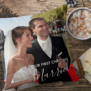 Our First Christmas Married Custom 2 Photo Throw Pillow