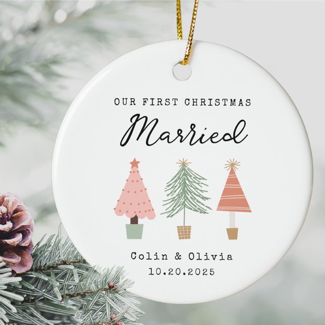 Our First Christmas Married Custom Couple Name Ceramic Ornament (Our First Christmas Married Personalized Custom Couple Christmas Ornament Names Date Newlywed Gift)
