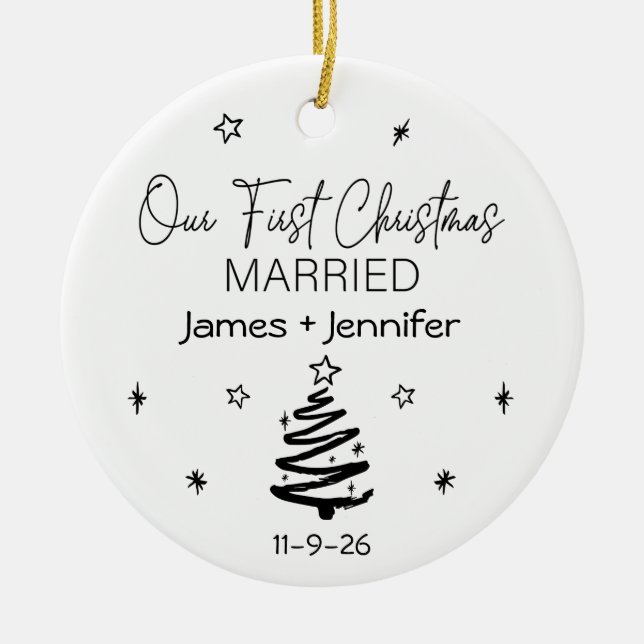 Our First Christmas Married Custom Names & Photo Ceramic Ornament (Front)