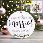 Our First Christmas Married Custom Photo Ceramic Ornament<br><div class="desc">Our First Christmas Married Keepsake double-sided Ornament with custom photo.</div>