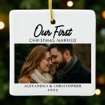 Our First Christmas Married Elegant Minimal Photo  Ceramic Ornament<br><div class="desc">Commemorate your first holiday season as newlyweds with this elegant ceramic ornament. Featuring the phrase “Our First Christmas Married 2025” in modern minimal typography and your favourite photo, it’s the perfect keepsake to celebrate love, commitment, and new beginnings. A timeless holiday gift for any couple starting their married life together....</div>