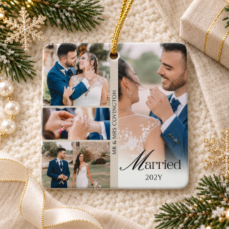 Our First Christmas Married Elegant Photo Collage Ceramic Ornament
