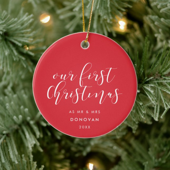 Our First Christmas Married Elegant Red Ceramic Ornament (Tree)