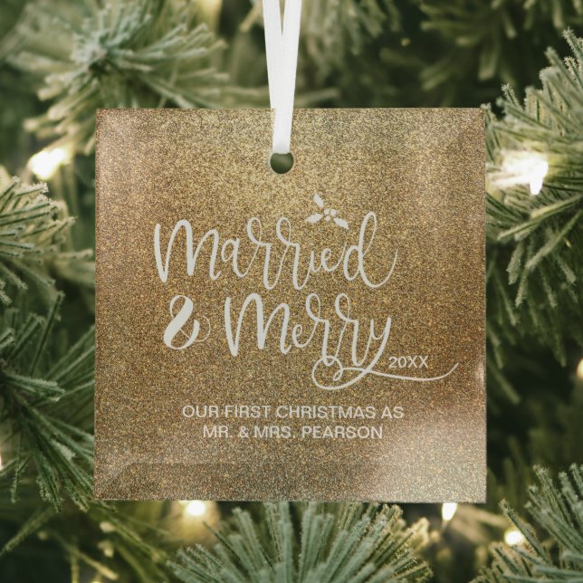 Our First Christmas Married Merry Gold Glass Ornament (Insitu)