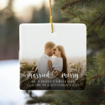 Our First Christmas Married & Merry Photo Ceramic Ornament<br><div class="desc">This married and merry photo christmas ornament will be the perfect keepsake to celebrate your first christmas as a married couple.  The design is printed on the front and back of the ornament and the text can be customized with any wording of your choice.</div>
