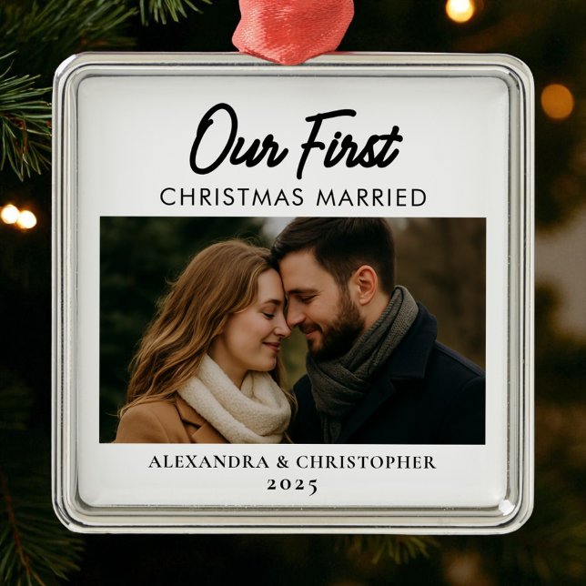 Our First Christmas Married Minimalist Modern Metal Ornament (Creator Uploaded)