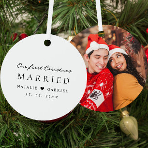 Our First Christmas Married Modern Newlywed Photo Metal Ornament