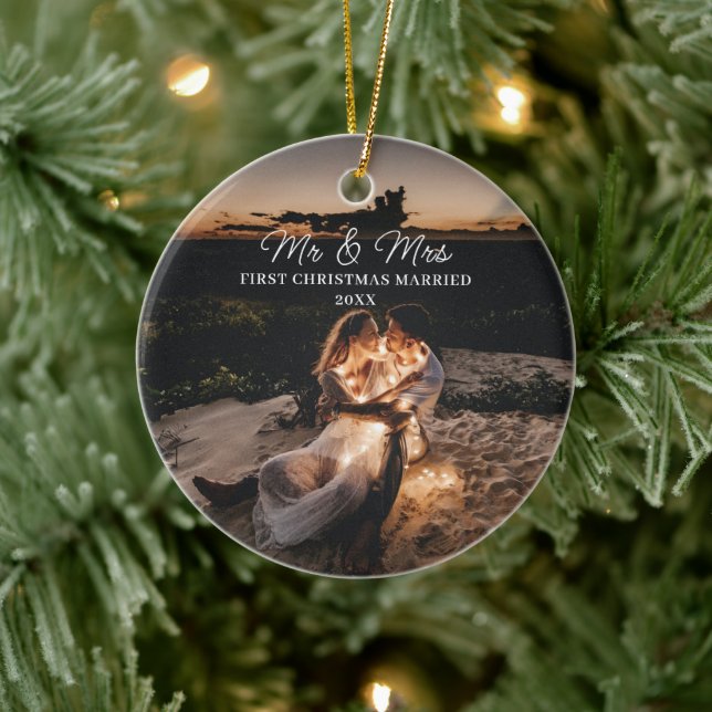 Our First Christmas Married Mr & Mrs Couple Photo  Ceramic Ornament (Tree)
