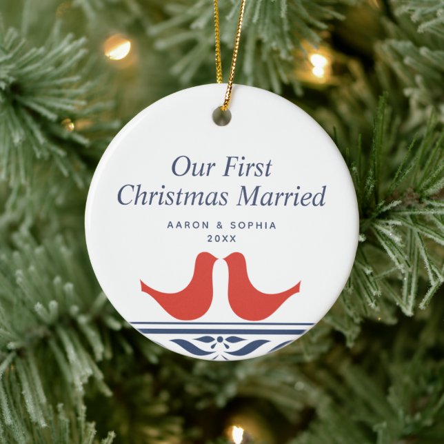 Our First Christmas Married Personalized Doves Ceramic Ornament (Tree)