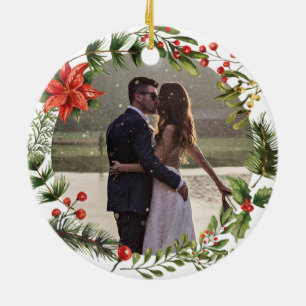Our First Christmas Married Photo Botanical Ceramic Ornament