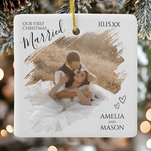 Our First Christmas Married Photo Brush Stroke  Ceramic Ornament (Our First Christmas Married Photo Brush Stroke Ceramic Ornament)