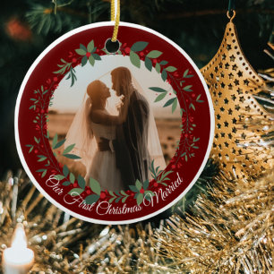 Our First Christmas Married Photo Christmas Tree Ceramic Ornament