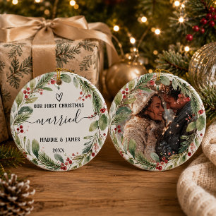 Our First Christmas Married Photo Couple Wreath Ceramic Ornament