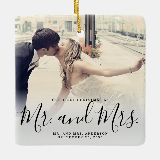 Our First Christmas Married Photo Elegant Script Ceramic Ornament (Front)