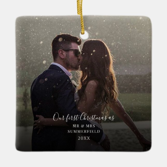Our First Christmas Married Photo Wedding Ceramic Ornament (Front)