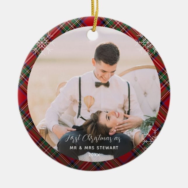 Our First Christmas Married Photos Stewart Tartan Ceramic Ornament (Front)