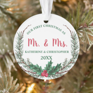 Our First Christmas Married   Pine Mistletoe Berry Ornament