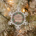 Our first Christmas married rustic wood berries Snowflake Pewter Christmas Ornament<br><div class="desc">Our first Christmas married,  on rustic wood and berries ornament.
Add your own text,  names and year and create a very personal and unique ornament to decorate you christmas tree.</div>