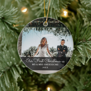 Our First Christmas Married Script Couple Photo Ceramic Ornament