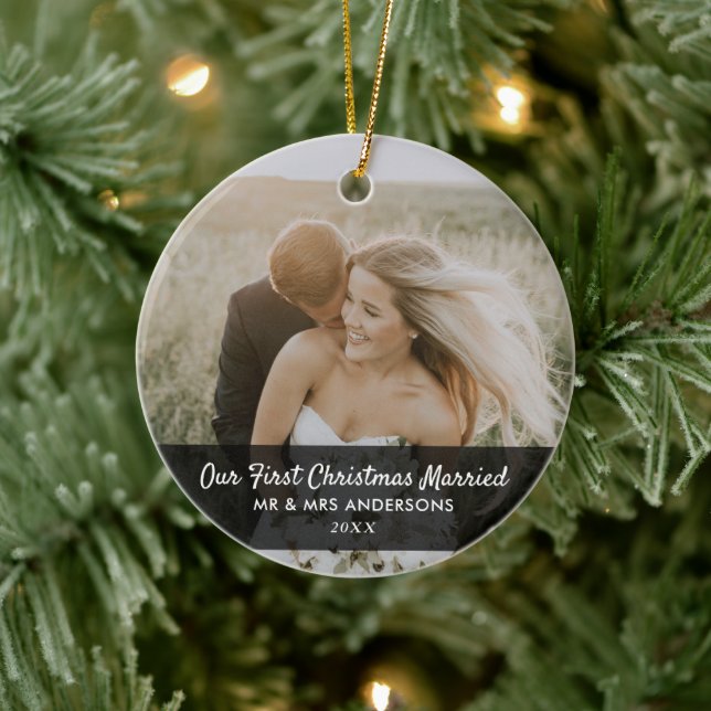 Our First Christmas Married Script Couple Photo Ceramic Ornament (Tree)