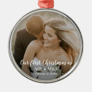 Our First Christmas Married Script Couple Photo Metal Ornament