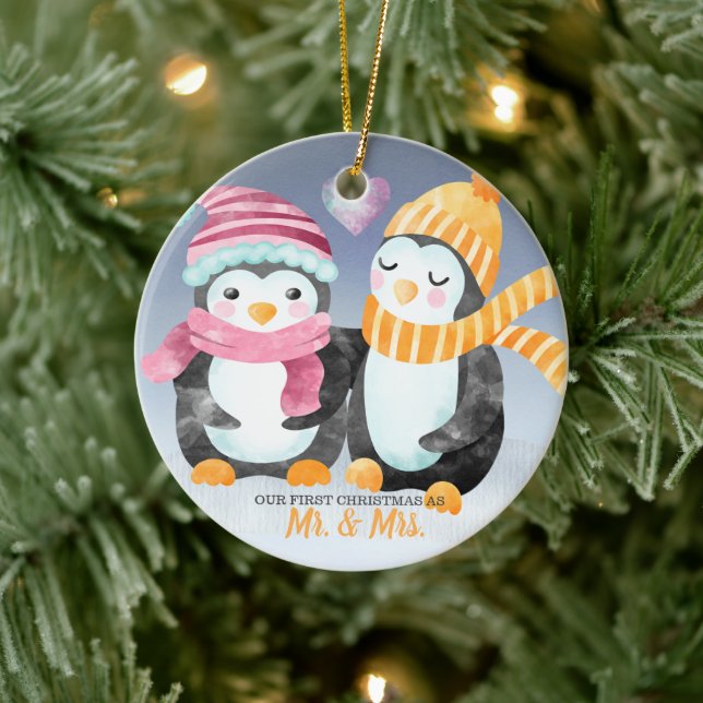 Our First Christmas Married Two Cute Penguins Ceramic Ornament (Tree)