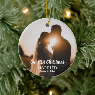 Our First Christmas Married Whimsical Script Photo Ceramic Ornament