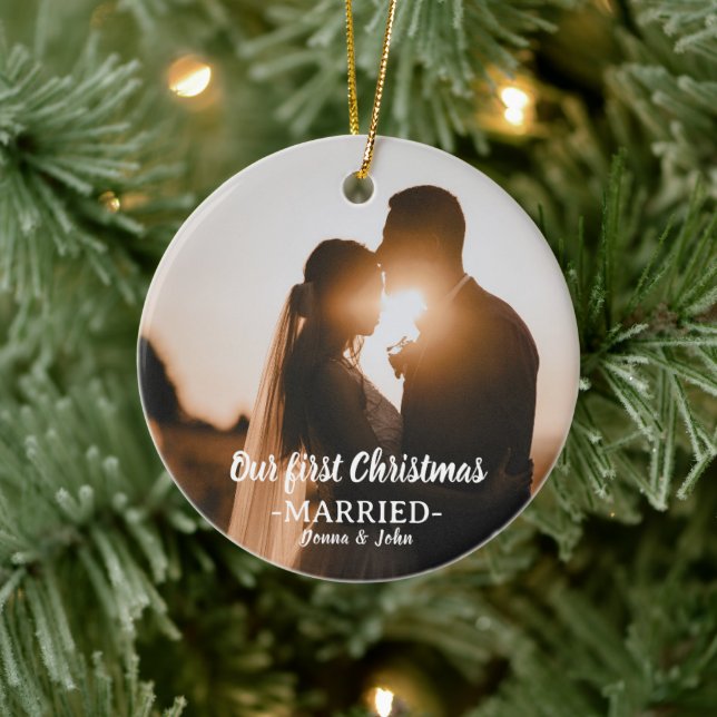 Our First Christmas Married Whimsical Script Photo Ceramic Ornament (Tree)