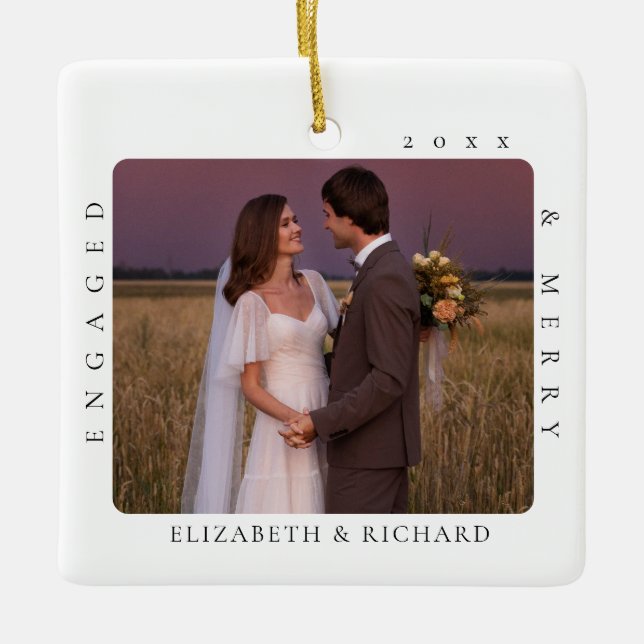 Our First Christmas Minimal Modern Engaged & Merry Ceramic Ornament (Front)