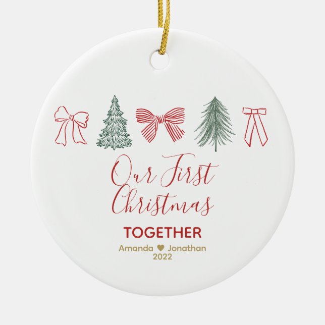 Our First Christmas Minimalist Bow & Tree Ceramic Ornament (Front)