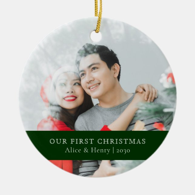 Our First Christmas | Minimalist Newlywed Photo Ceramic Ornament (Front)