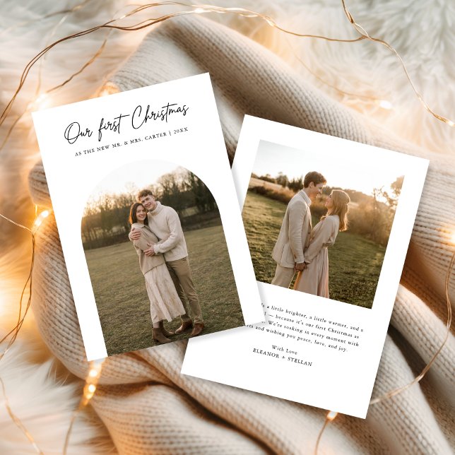  Our First Christmas Modern Arch Photo Newlyweds Holiday Card (Creator Uploaded)