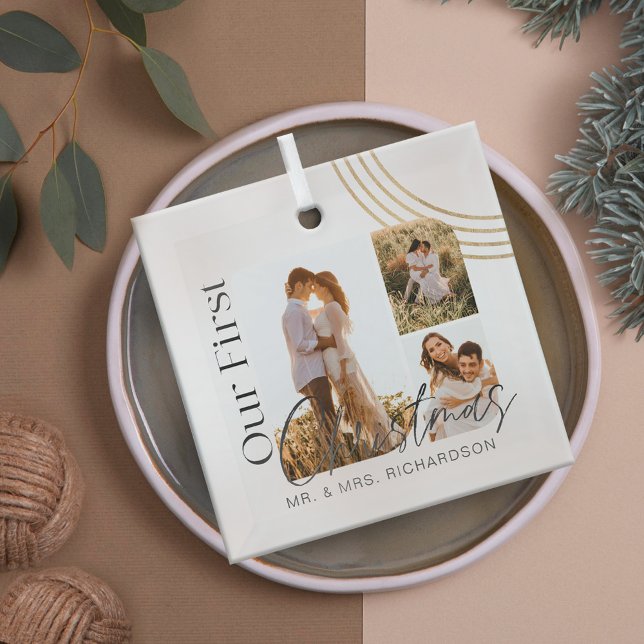 Our First Christmas Modern Geometric Three Photo Glass Ornament (Our First Christmas Modern Geometric Three Photo Glass Ornament)