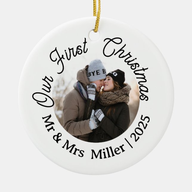 Our First Christmas Modern Photo Newlywed Keepsake Ceramic Ornament (Front)