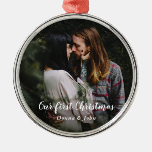 Our First Christmas Modern Script Couple Photo Metal Ornament