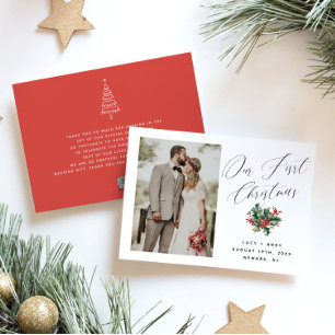 Our First Christmas Modern Script Newlywed Photo Holiday Card