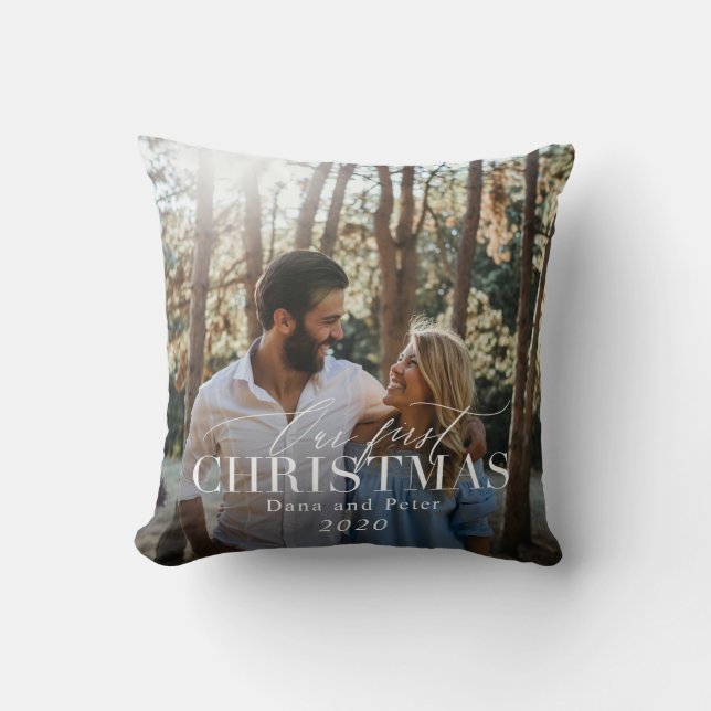 our first christmas modern script red plaid photo throw pillow (Front)