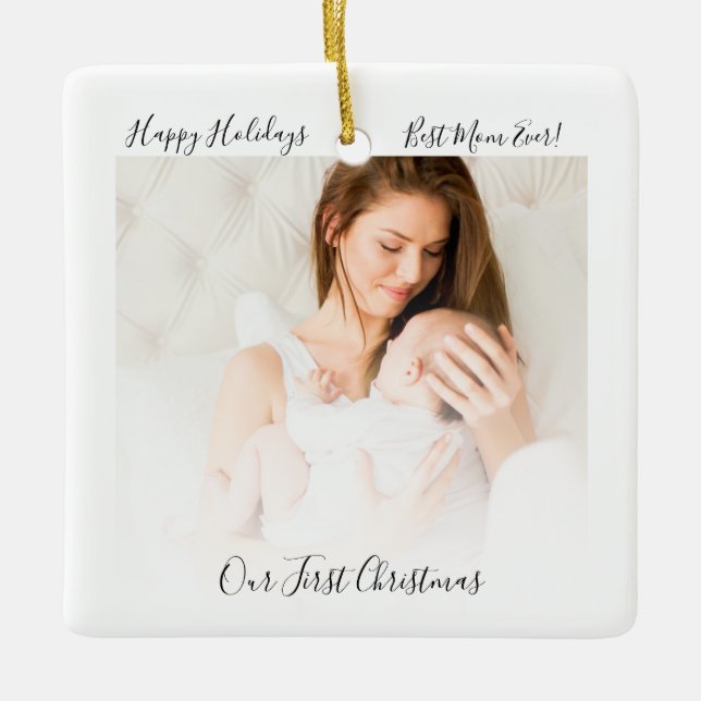 Our First Christmas Mom and Baby Photo Rustic Ceramic Ornament (Front)
